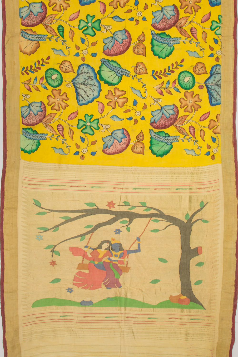 Paithani Cotton Kalamkari Handpainted Yellow Saree