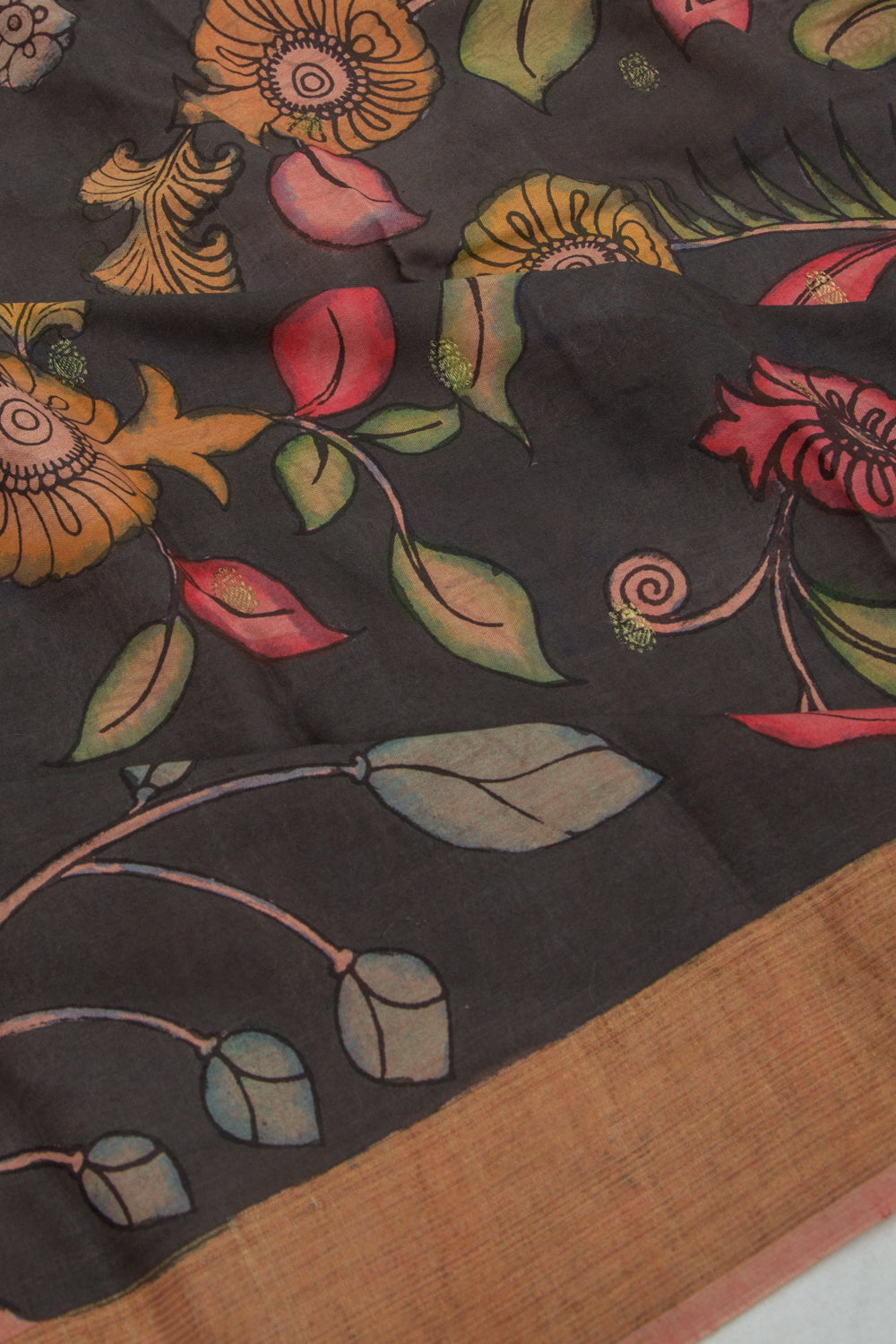 Paithani Cotton Kalamkari Handpainted Black Saree