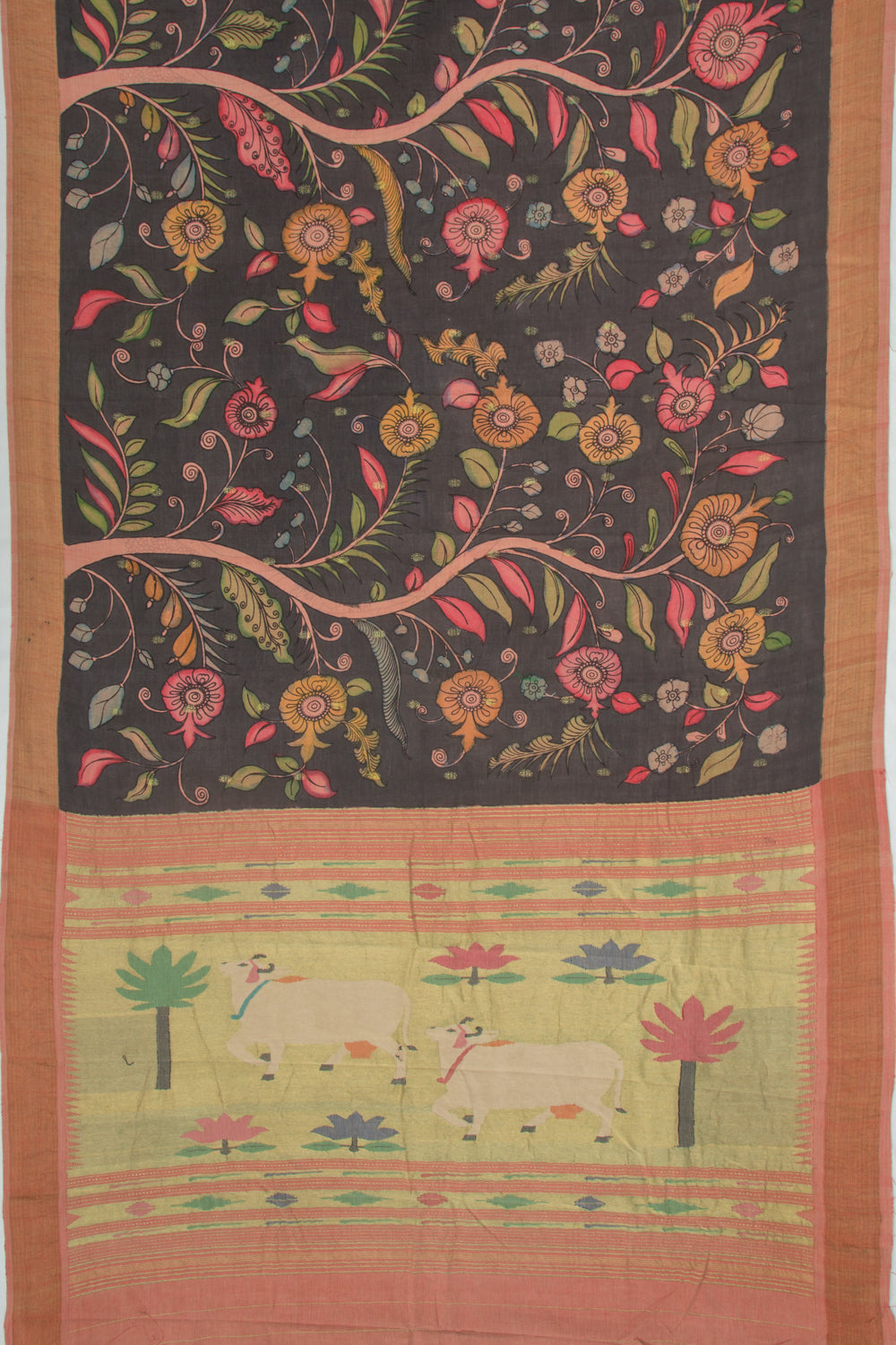 Paithani Cotton Kalamkari Handpainted Black Saree