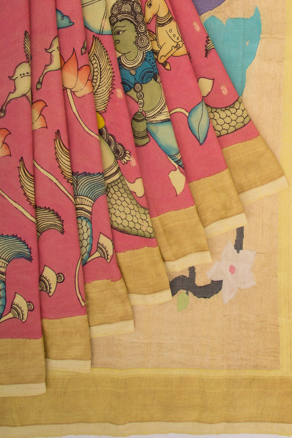 Paithani Cotton Kalamkari Handpainted Pink Saree