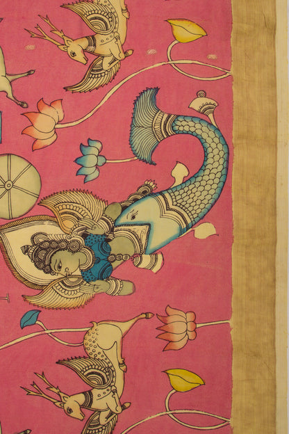Paithani Cotton Kalamkari Handpainted Pink Saree