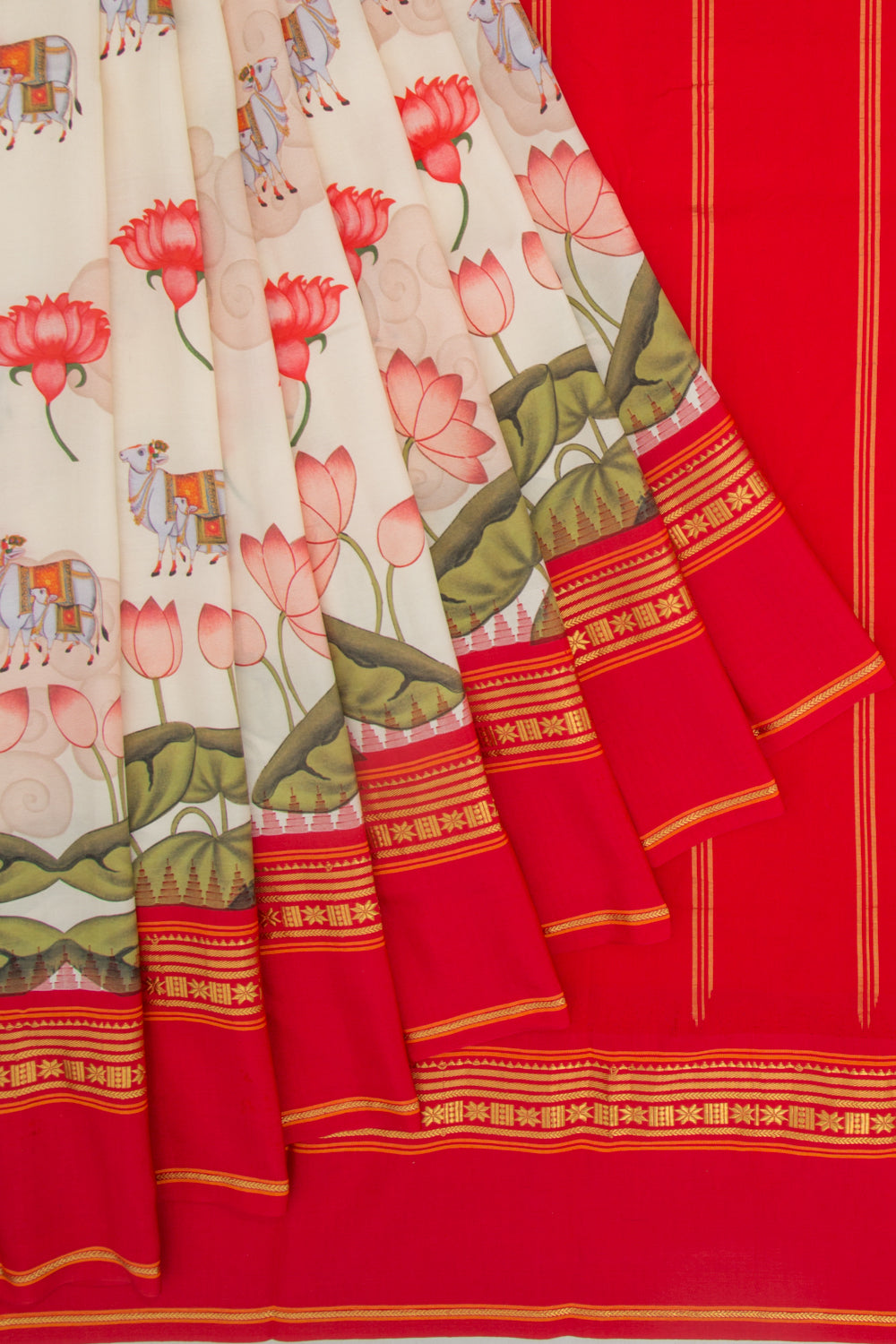 Kanchipuram Silk Pichwai Printed Cream Saree