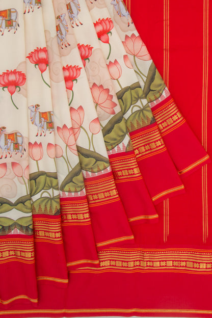 Kanchipuram Silk Pichwai Printed Cream Saree