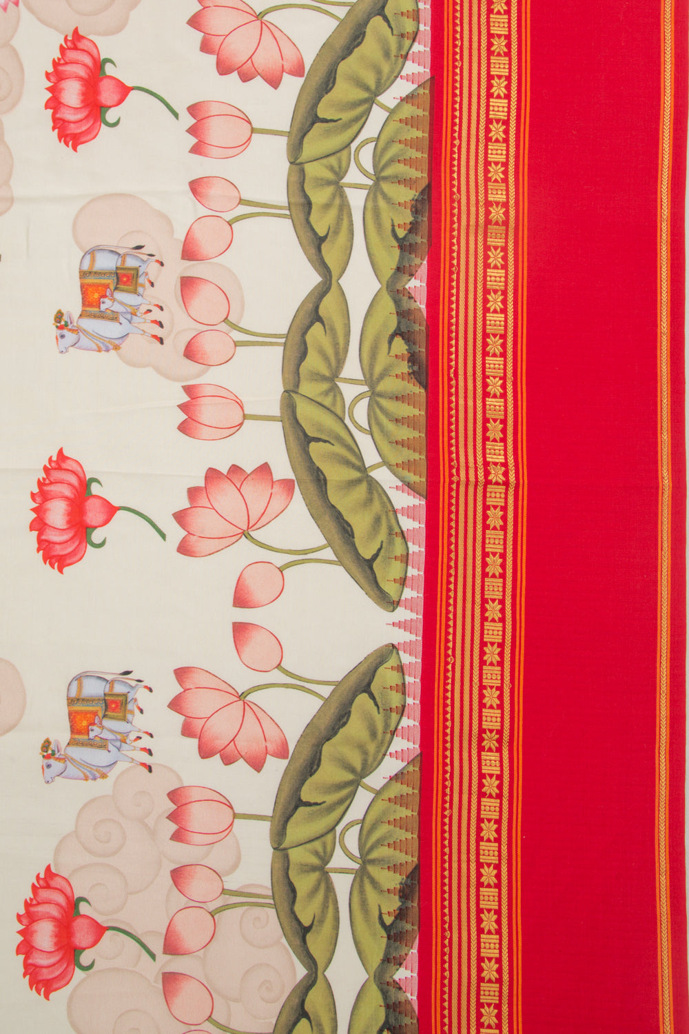 Kanchipuram Silk Pichwai Printed Cream Saree