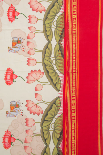 Kanchipuram Silk Pichwai Printed Cream Saree