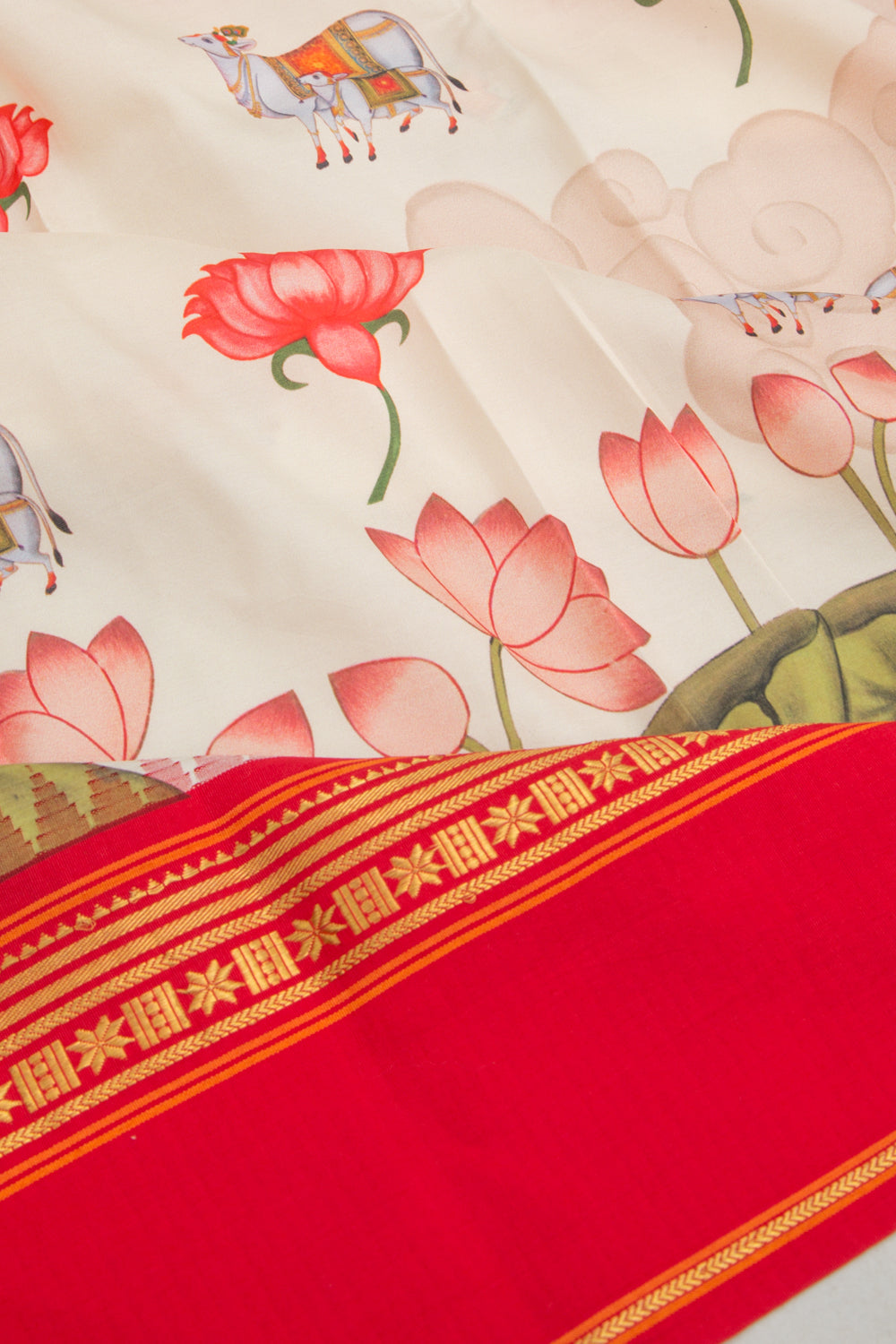 Kanchipuram Silk Pichwai Printed Cream Saree