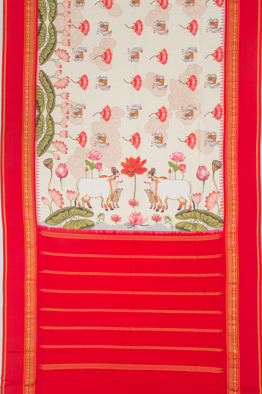 Kanchipuram Silk Pichwai Printed Cream Saree