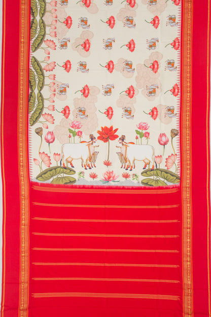 Kanchipuram Silk Pichwai Printed Cream Saree