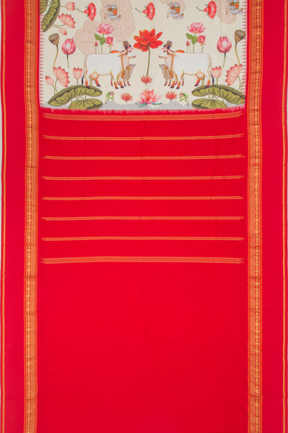 Kanchipuram Silk Pichwai Printed Cream Saree