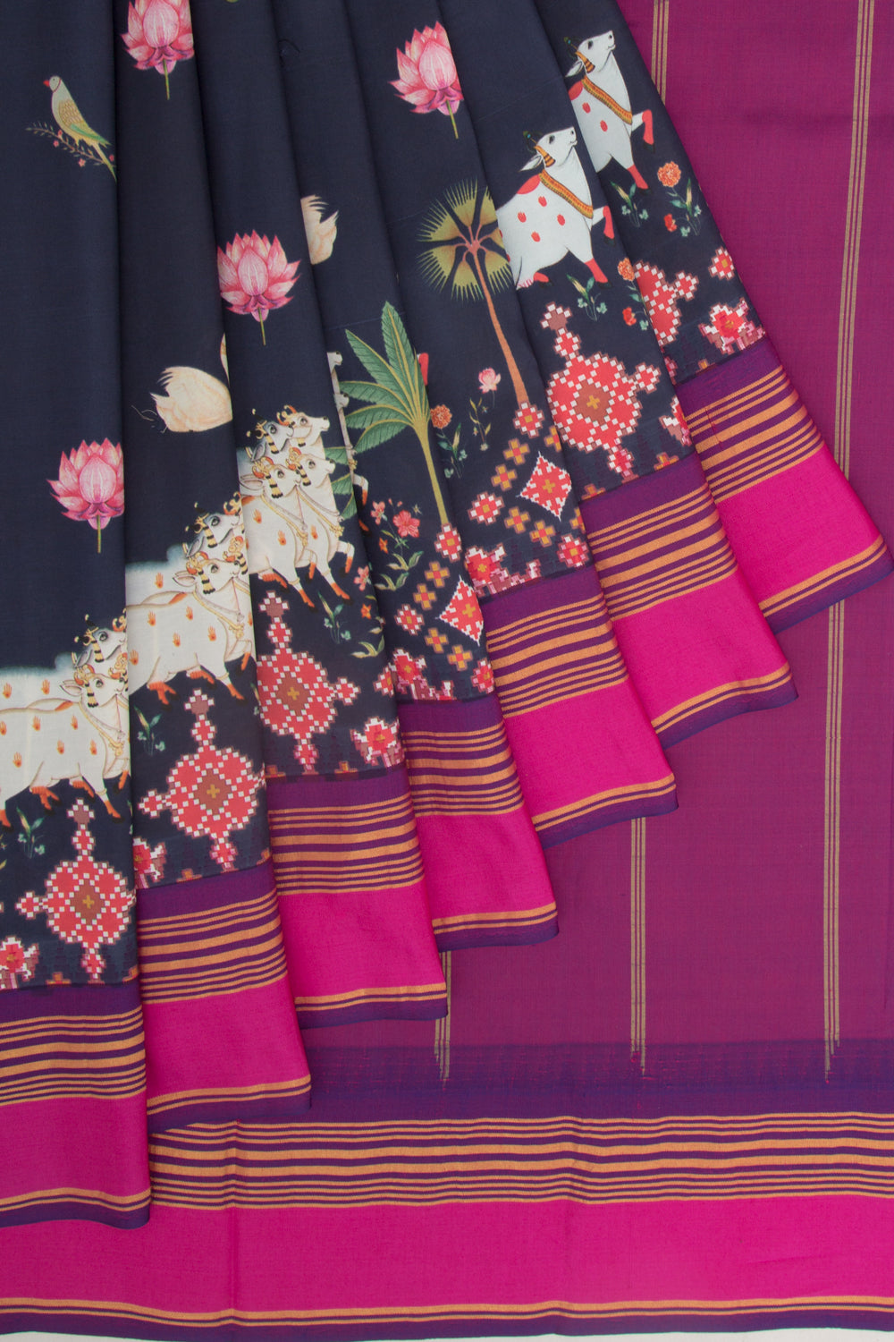 Kanchipuram Silk Pichwai Printed Dark Blue Saree