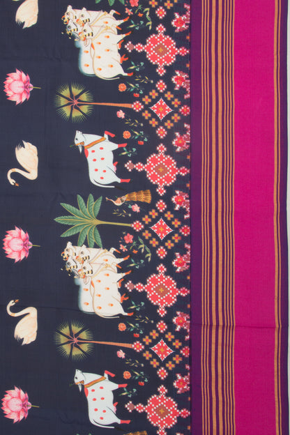 Kanchipuram Silk Pichwai Printed Dark Blue Saree