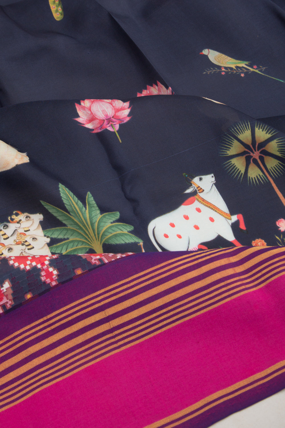 Kanchipuram Silk Pichwai Printed Dark Blue Saree