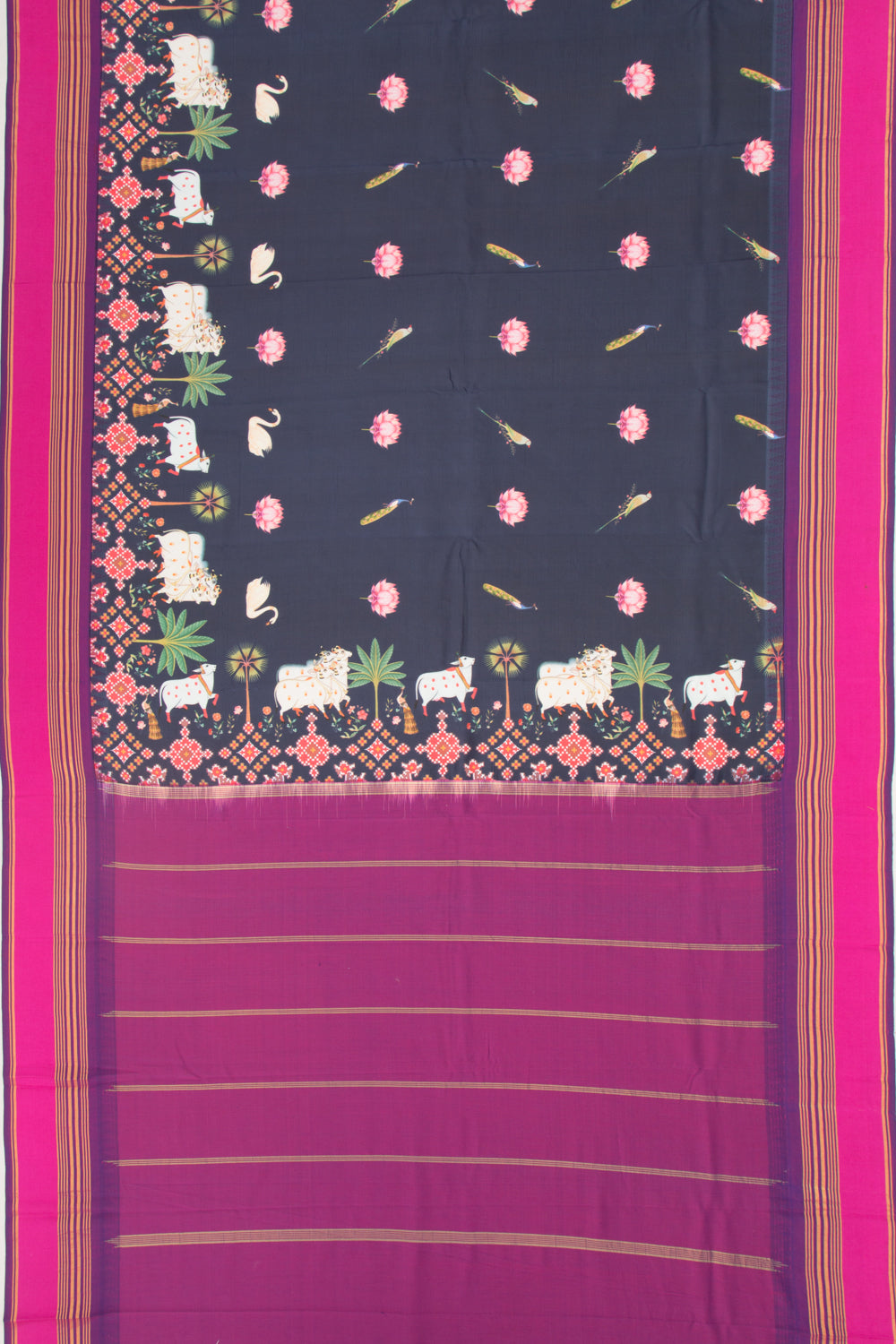 Kanchipuram Silk Pichwai Printed Dark Blue Saree