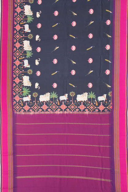 Kanchipuram Silk Pichwai Printed Dark Blue Saree