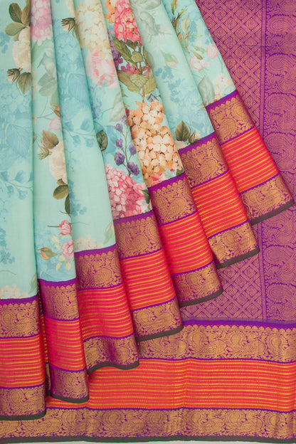 Kanchipuram Silk Floral Printed Sky Blue Saree