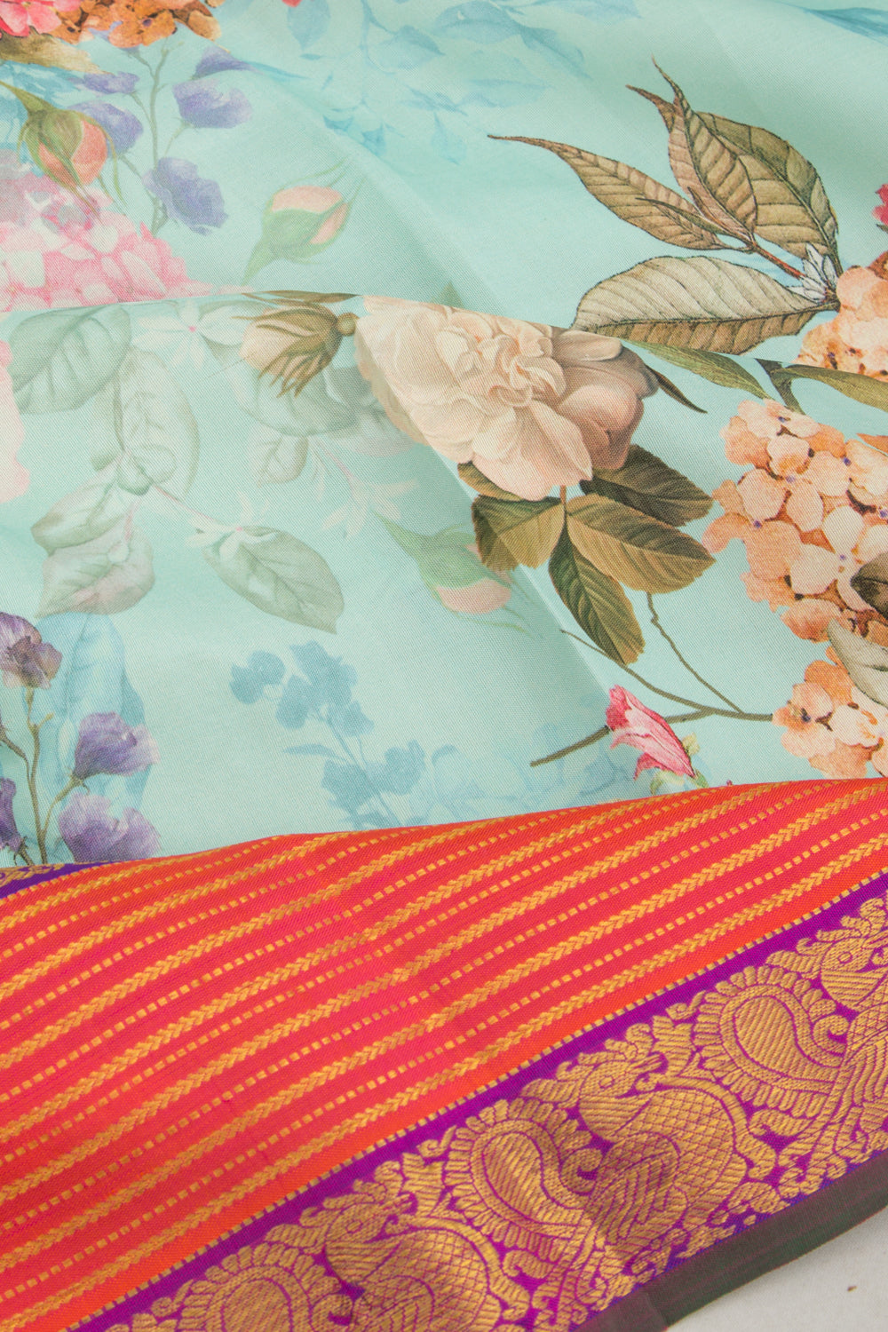Kanchipuram Silk Floral Printed Sky Blue Saree