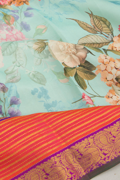 Kanchipuram Silk Floral Printed Sky Blue Saree