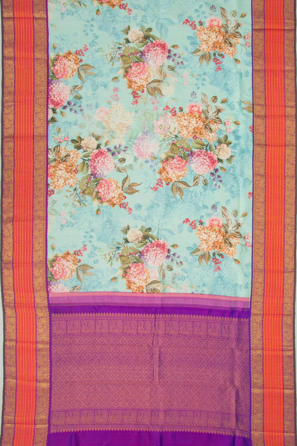 Kanchipuram Silk Floral Printed Sky Blue Saree
