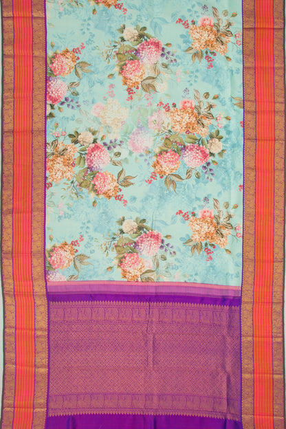 Kanchipuram Silk Floral Printed Sky Blue Saree