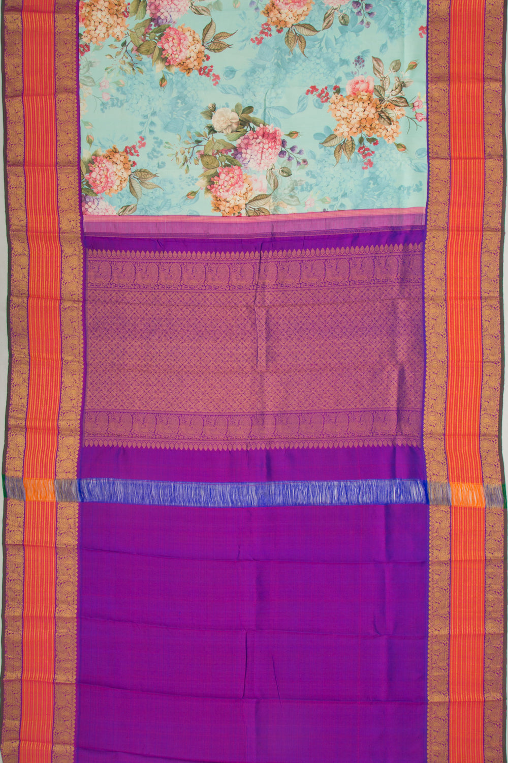 Kanchipuram Silk Floral Printed Sky Blue Saree