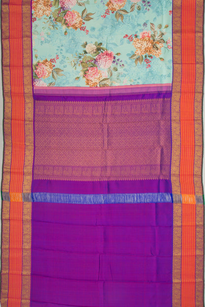 Kanchipuram Silk Floral Printed Sky Blue Saree