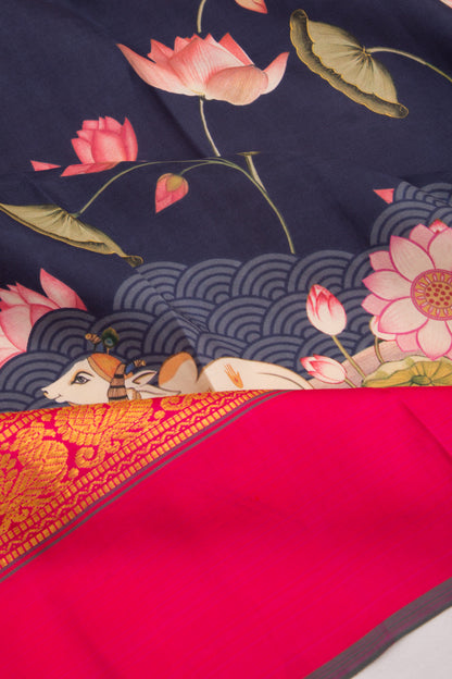 Kanchipuram Silk Pichawai Printed Dark Blue Saree