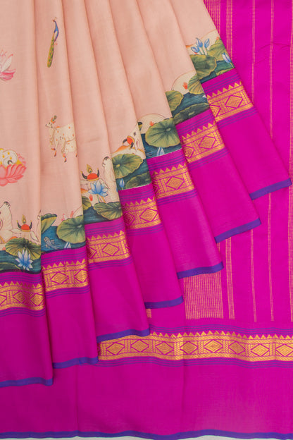 Kanchipuram Silk Pichwai Printed Peach Saree