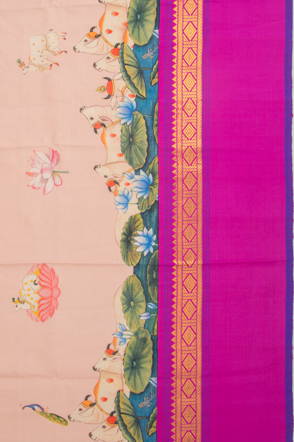 Kanchipuram Silk Pichwai Printed Peach Saree