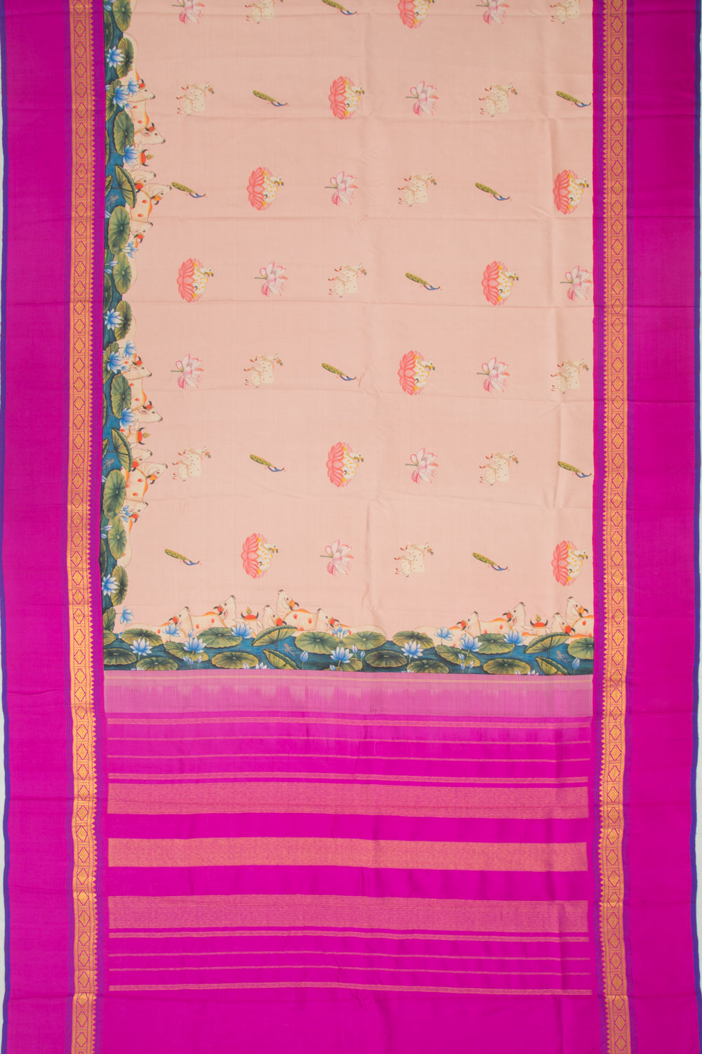 Kanchipuram Silk Pichwai Printed Peach Saree