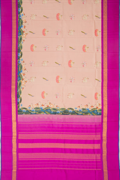 Kanchipuram Silk Pichwai Printed Peach Saree