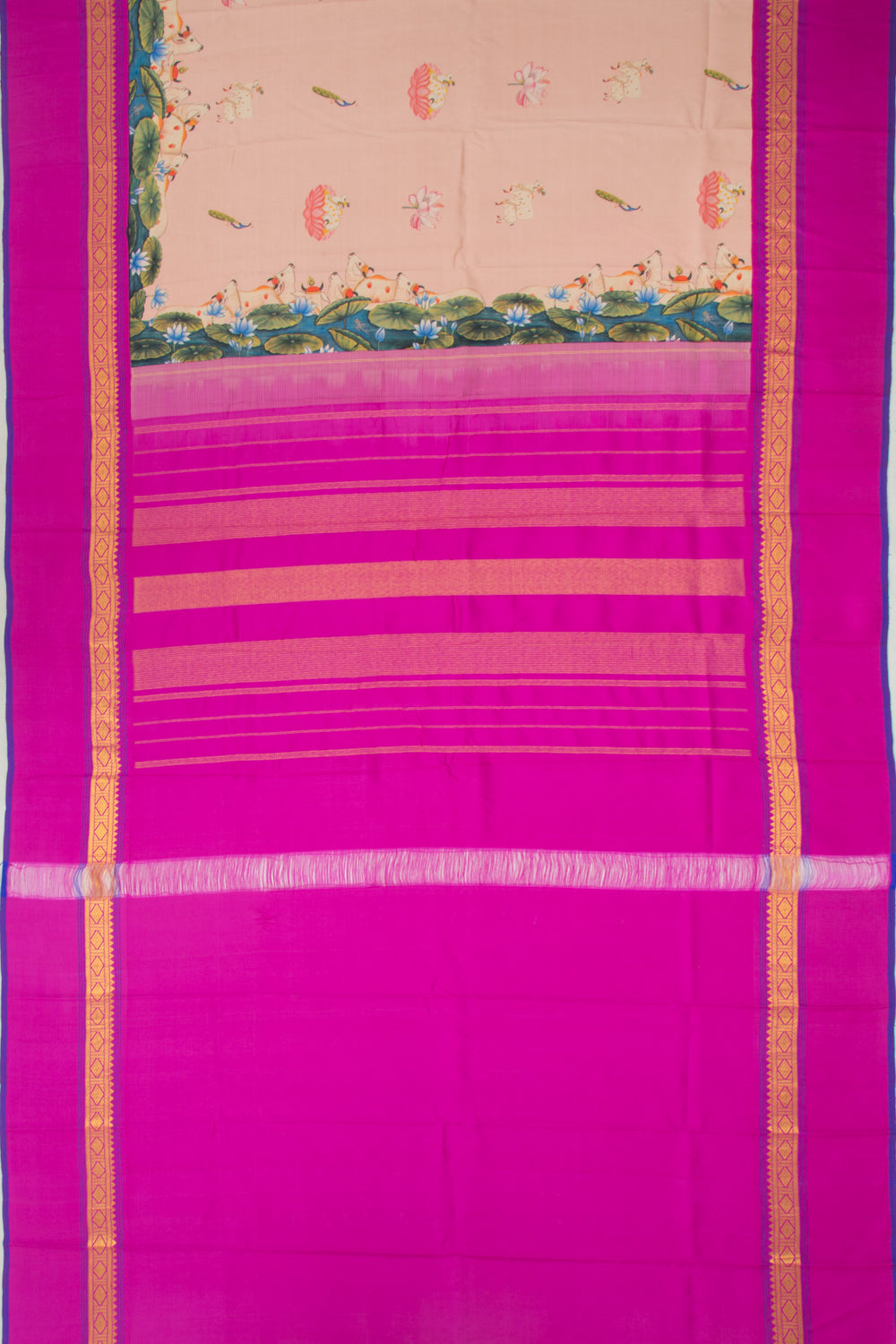 Kanchipuram Silk Pichwai Printed Peach Saree