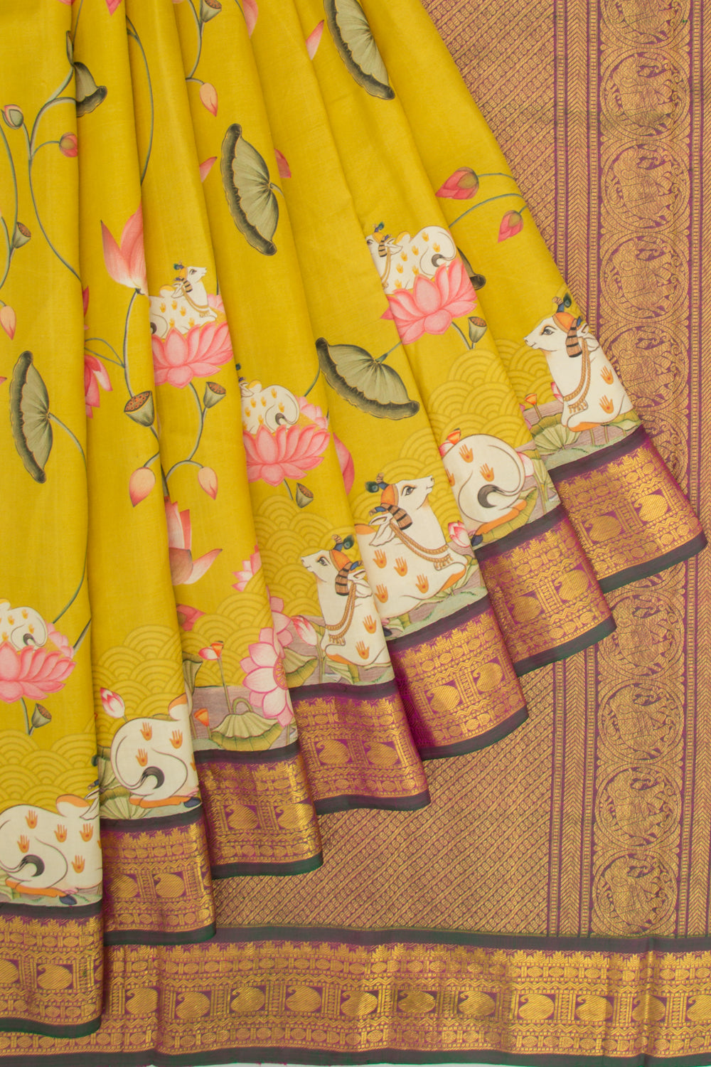 Kanchipuram Silk Pichwai Printed Mehendi Green Saree