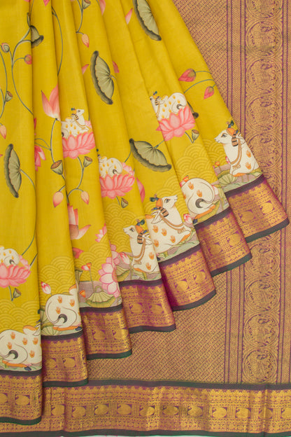 Kanchipuram Silk Pichwai Printed Mehendi Green Saree