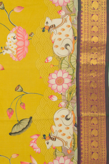 Kanchipuram Silk Pichwai Printed Mehendi Green Saree