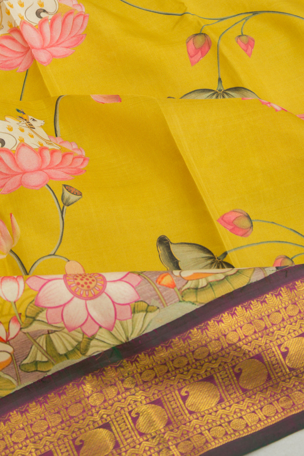 Kanchipuram Silk Pichwai Printed Mehendi Green Saree