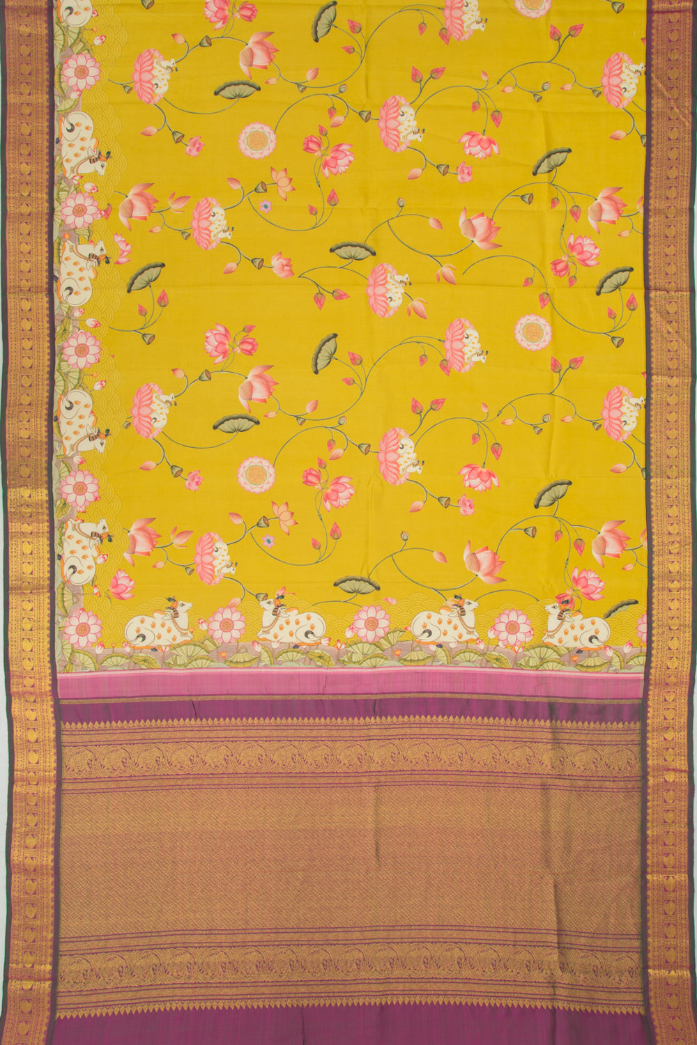 Kanchipuram Silk Pichwai Printed Mehendi Green Saree