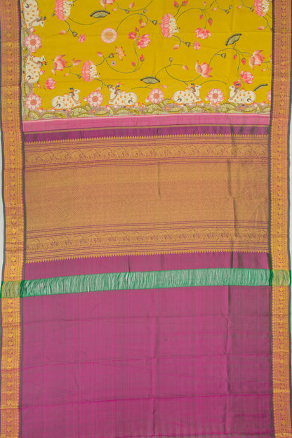 Kanchipuram Silk Pichwai Printed Mehendi Green Saree