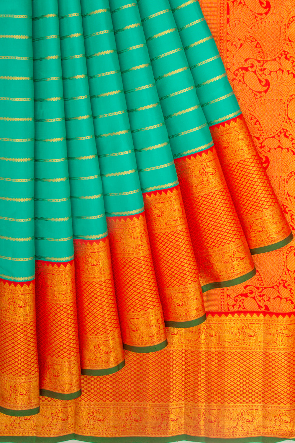 Taranga Kanchi Silk Horizontal Lines Sea Green Saree