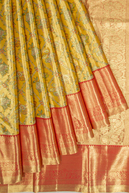 Taranga Kanchi Silk Tissue Criss Cross Checks And Butta Gold Saree