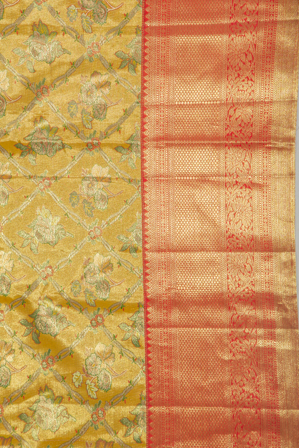 Taranga Kanchi Silk Tissue Criss Cross Checks And Butta Gold Saree