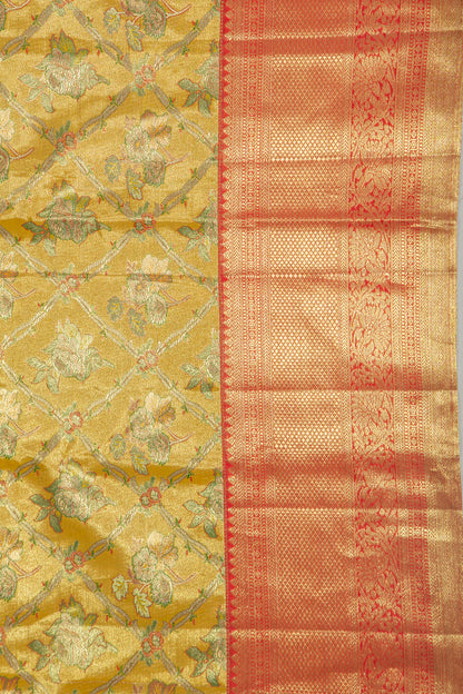 Taranga Kanchi Silk Tissue Criss Cross Checks And Butta Gold Saree