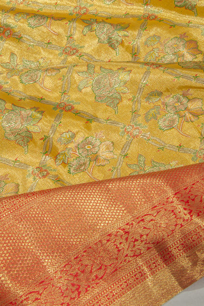 Taranga Kanchi Silk Tissue Criss Cross Checks And Butta Gold Saree