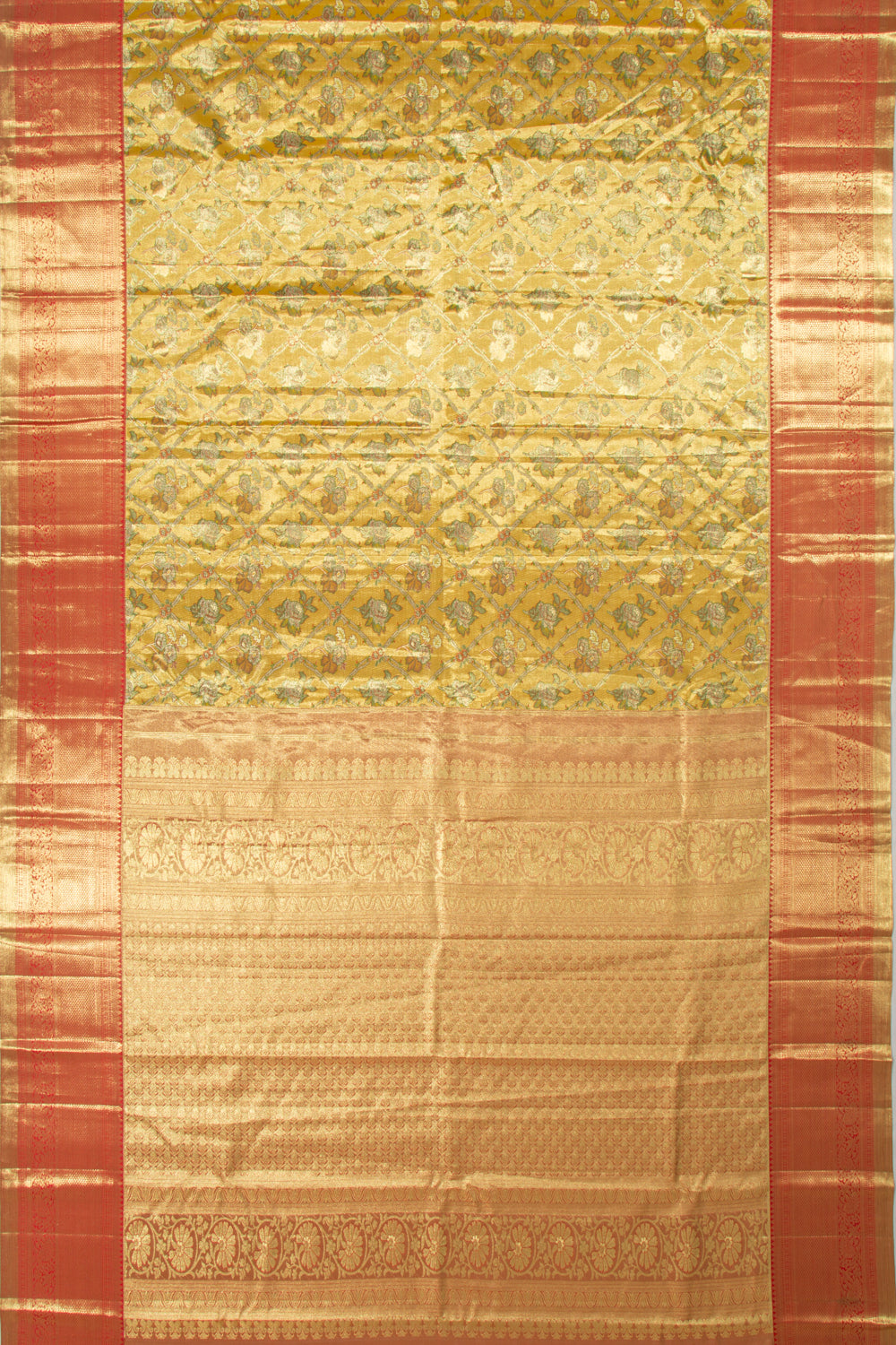 Taranga Kanchi Silk Tissue Criss Cross Checks And Butta Gold Saree