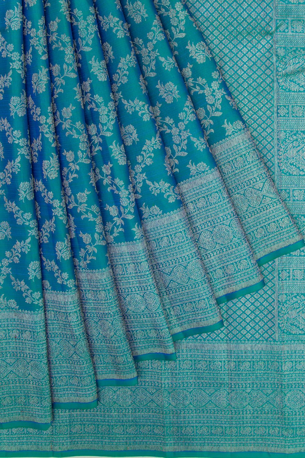Kanchipuram Silk Jaal And Butta Dual Tone Blue And Green Saree