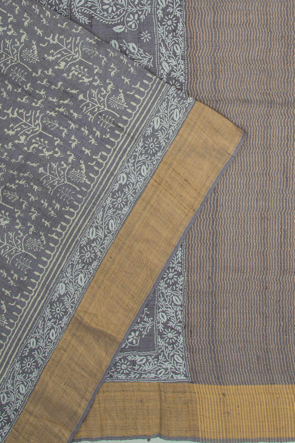 Bhagalpuri Tussar Printed Elephant Grey Saree