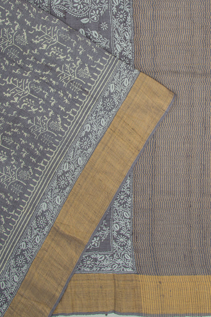 Bhagalpuri Tussar Printed Elephant Grey Saree