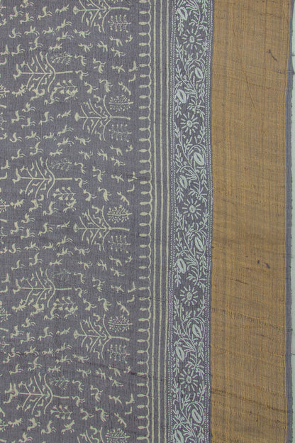 Bhagalpuri Tussar Printed Elephant Grey Saree