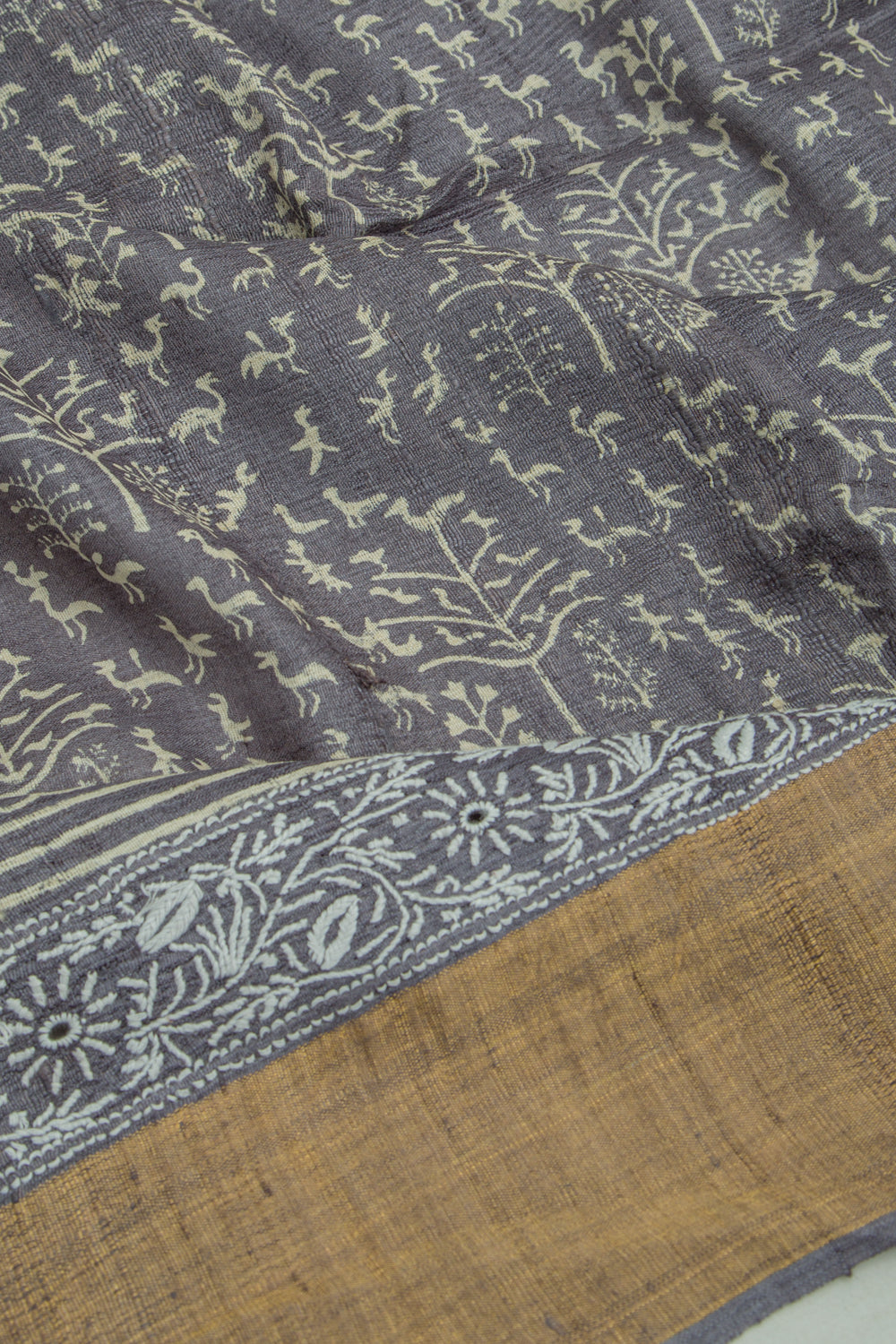 Bhagalpuri Tussar Printed Elephant Grey Saree