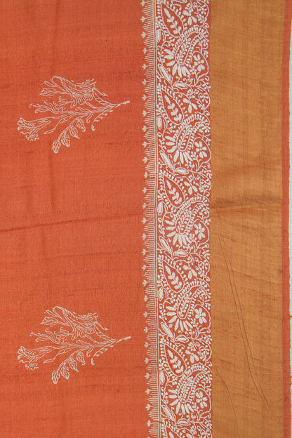 Bhagalpuri Tussar Floral Printed Rust Brown Saree