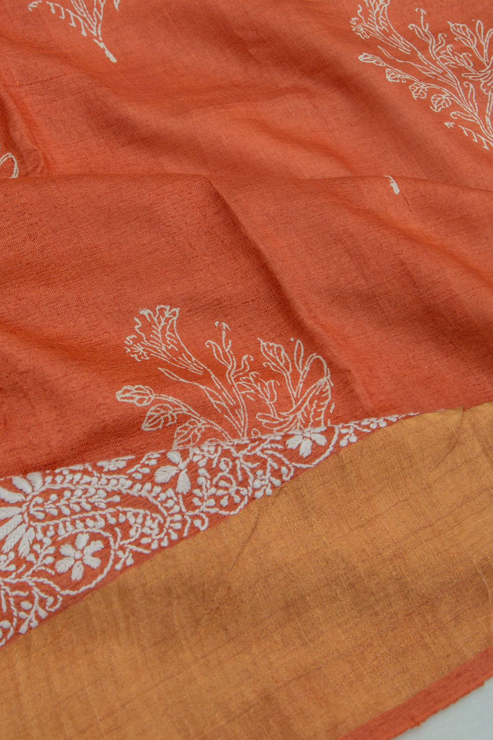 Bhagalpuri Tussar Floral Printed Rust Brown Saree